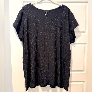 NWT L Eileen Fisher Black Hand-Beaded Chevron Silk Blouse